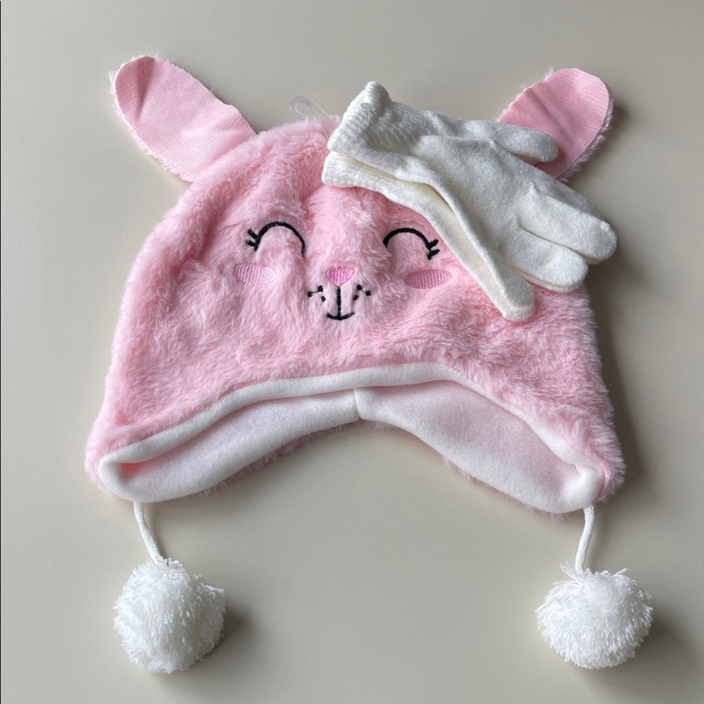 Pink Bunny Hat and Gloves Set